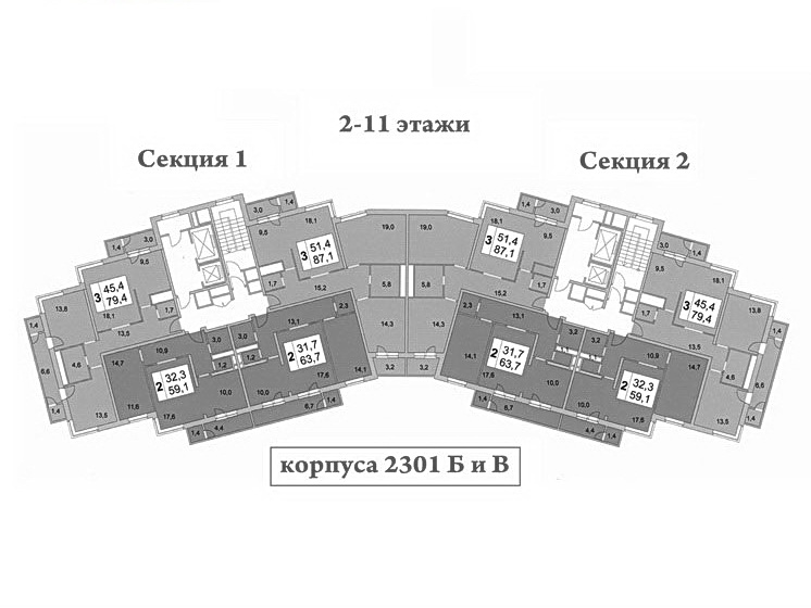 Планировки квартир дома серии монолит 23 мкрн Зеленограда 2301 Б и В